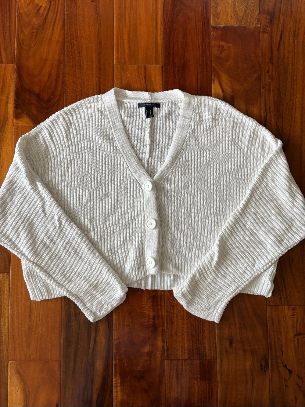 White Cropped Rib-Knit Button Cardigan Sweater